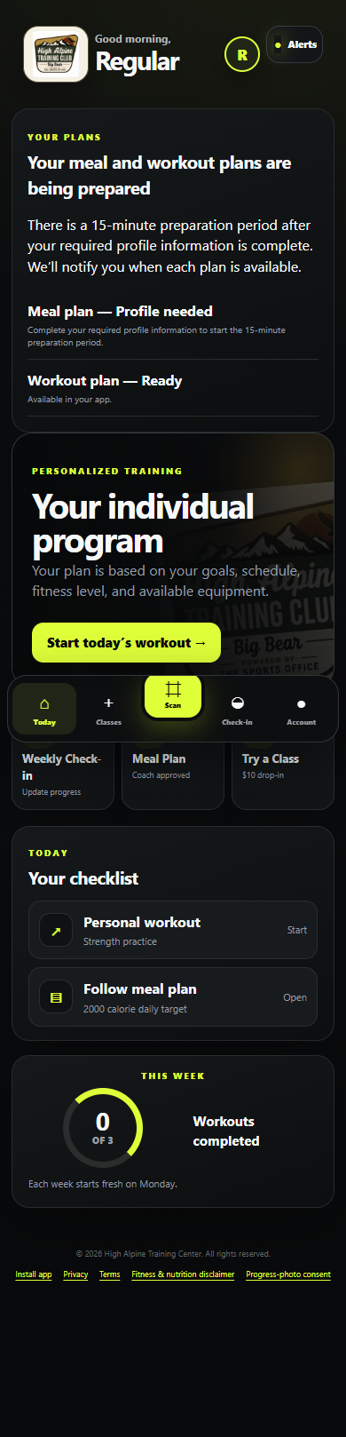 Member test account showing today's workout, meal-plan links and weekly completion